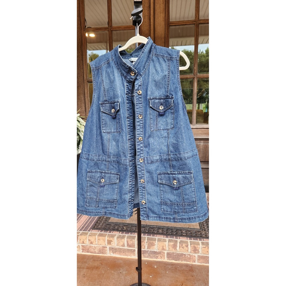 CJ Banks Womens Plus 3X Blue Denim Vest Mock Neck Button Front Utility Pockets